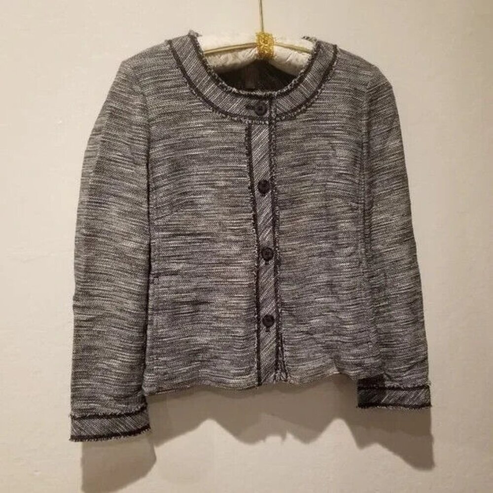 J.Jill Womens Blue White Space Dye Button Front Knit Jacket Collarless Medium